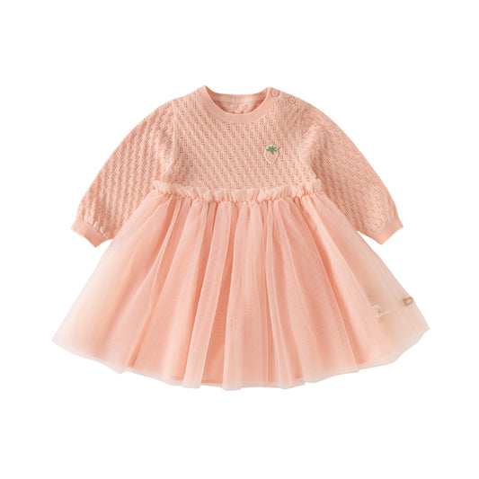 Dave&Bella Toddler Girls Autumn Light Pink Soft Knit Sweater Mesh A-line Princess Dress