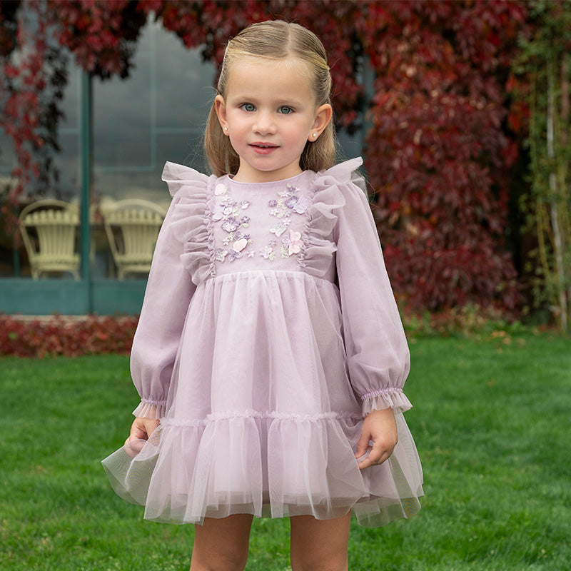 Dave&Bella Toddler Girls Purple Flower Embroidery Mesh Princess Dress