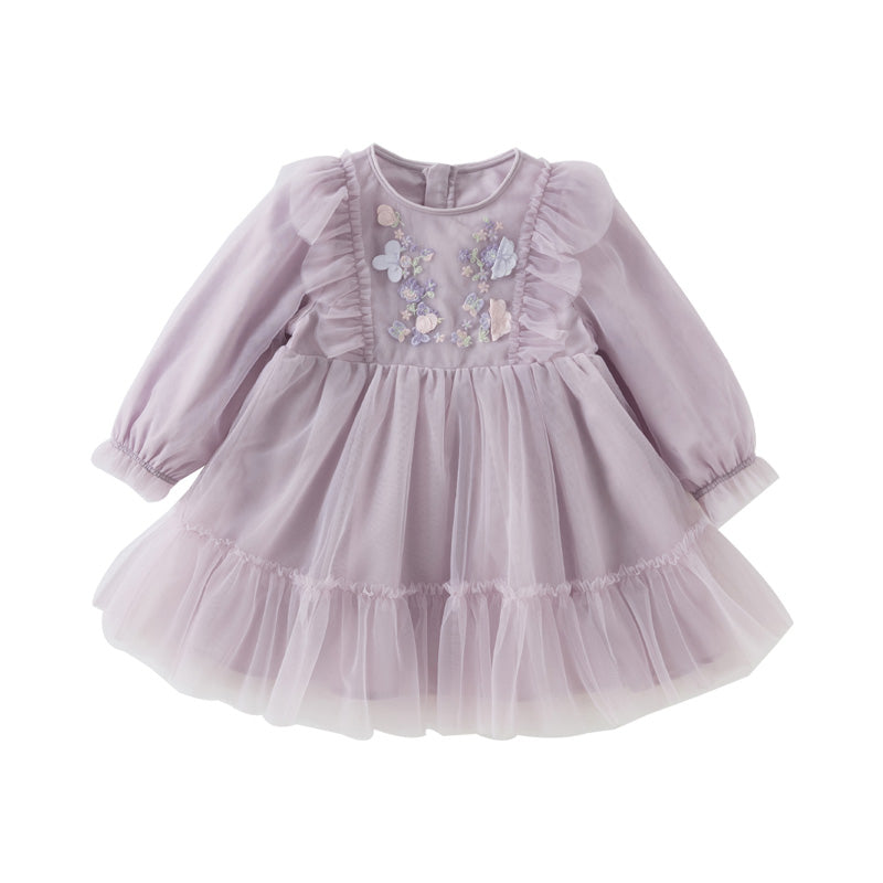 Dave&Bella Toddler Girls Purple Flower Embroidery Mesh Princess Dress