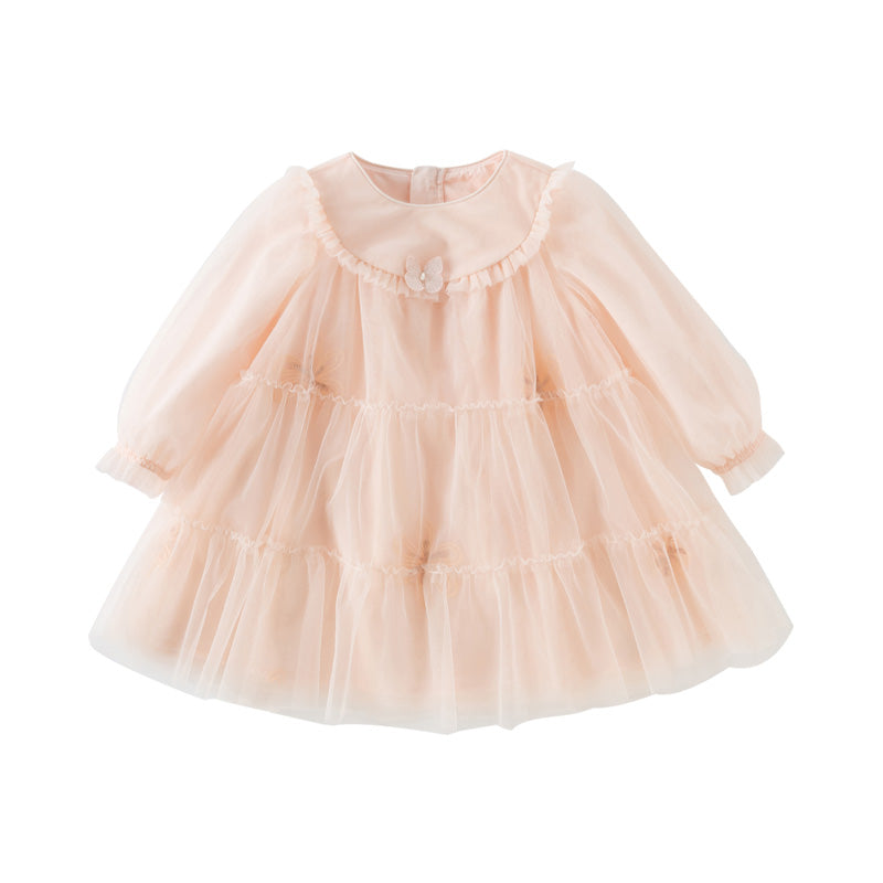 Dave&Bella Toddler Charming Peach Pink Long Sleeve Comfortable Mesh Princess Dress