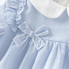 Dave&Bella Girls Autumn Cotton Breathable Blue White Striped Sweet A-line Dress