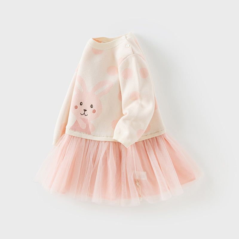 Dave&Bella Toddler Girls Sweet Pink Round Dots Rabbit Print Mesh Party Dress
