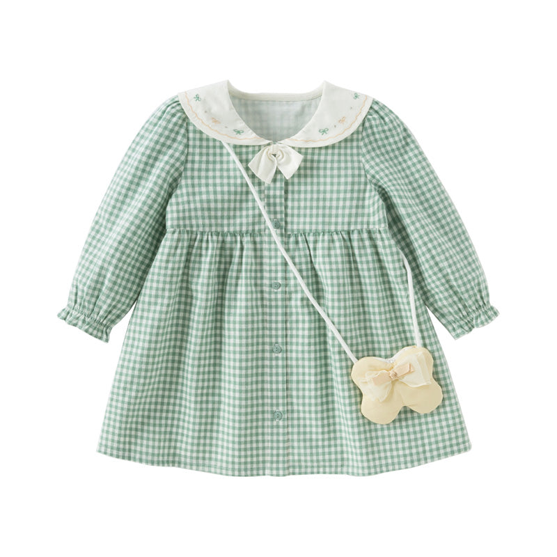 Dave&Bella Toddler Girls Green White Plaid Cotton Soft Party Dress(wallet bag)