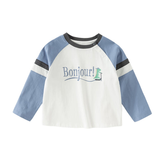 Dave&Bella Toddler Boys Casual Blue Round Collar Long Sleeve Soft Cotton T-shirt Tops