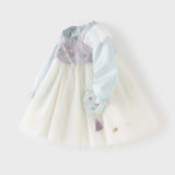 Dave&Bella Toddler Girls Chinese-style Flower Embroidery Beige Mesh Dress(wallet bag)