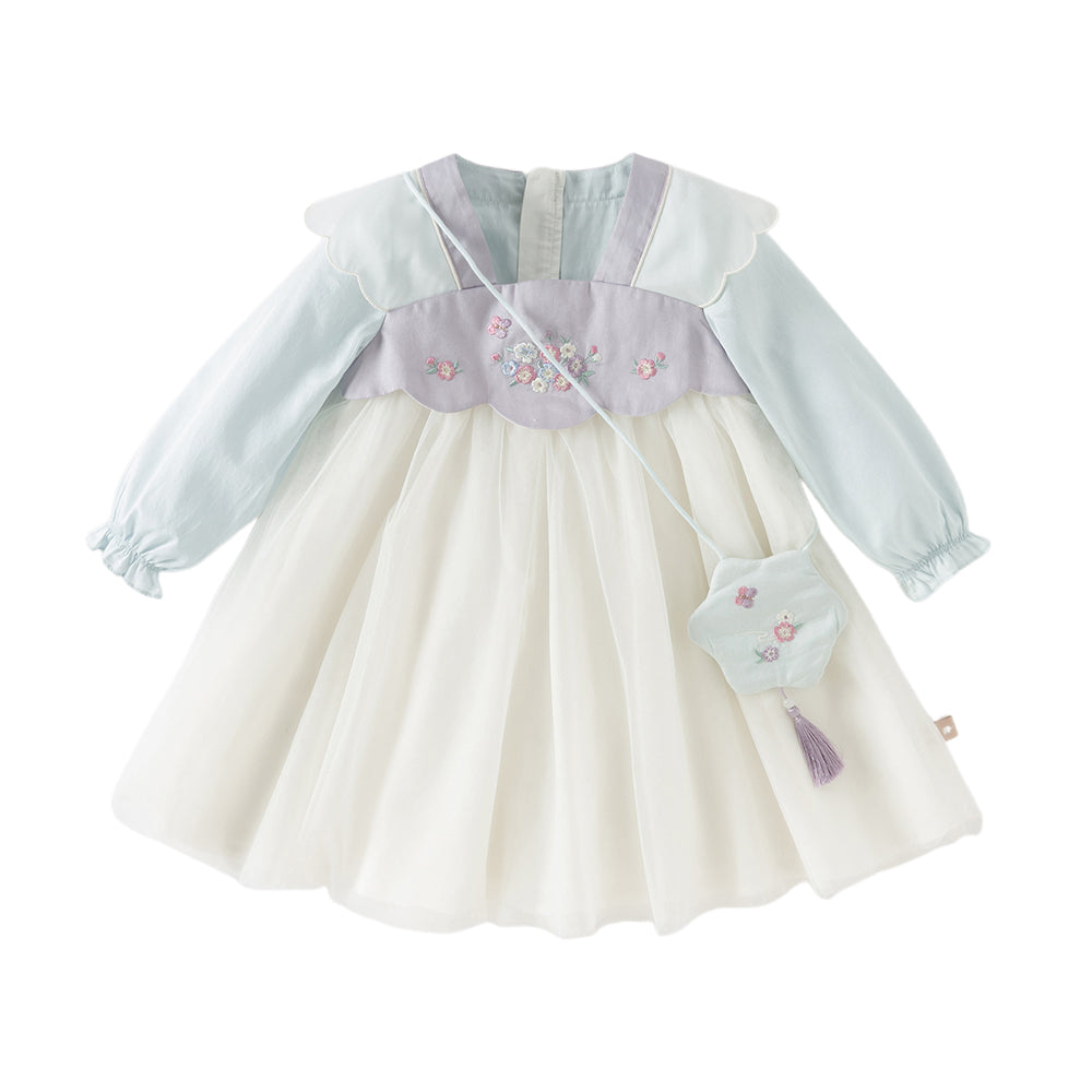 Dave&Bella Toddler Girls Chinese-style Flower Embroidery Beige Mesh Dress(wallet bag)