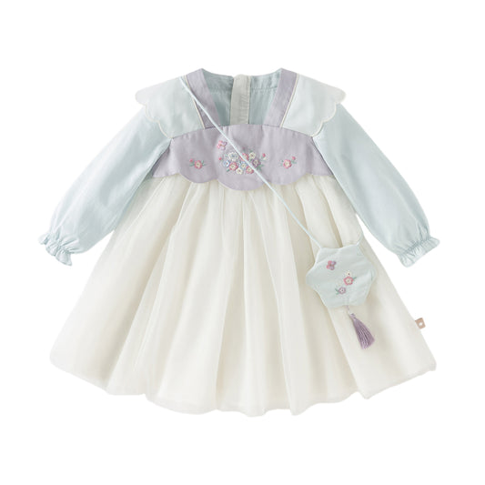 Dave&Bella Toddler Girls Chinese-style Flower Embroidery Beige Mesh Dress(wallet bag)
