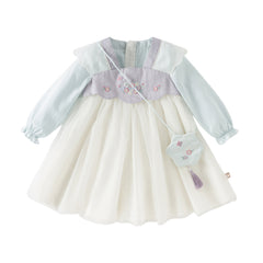 Dave&Bella Toddler Girls Chinese-style Flower Embroidery Beige Mesh Dress(wallet bag)