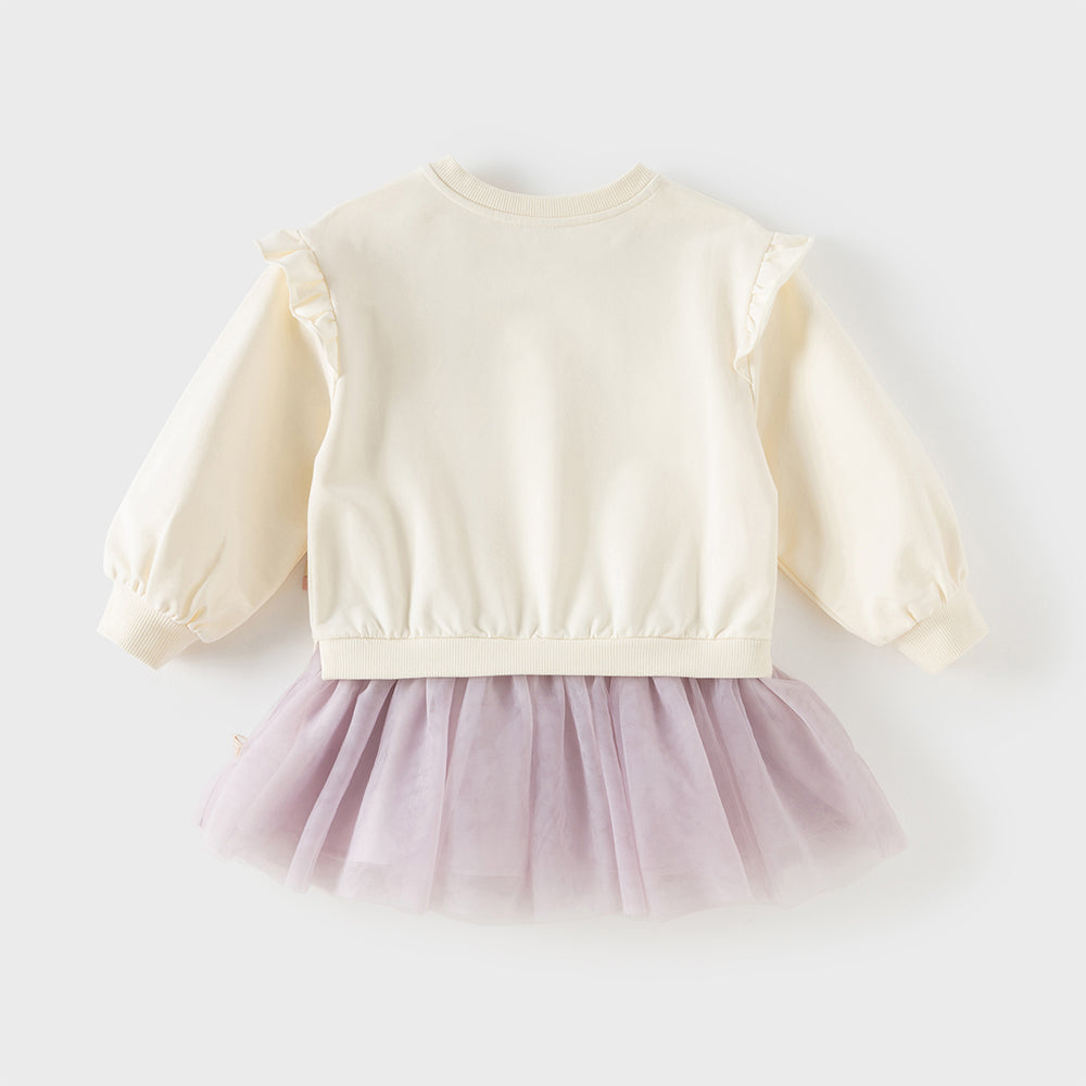 Dave&Bella Toddler Girls Sweet Beige Long Sleeve Fake-two-piece Sweatshirt Mesh Dress