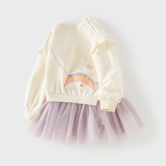Dave&Bella Toddler Girls Sweet Beige Long Sleeve Fake-two-piece Sweatshirt Mesh Dress