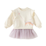 Dave&Bella Toddler Girls Sweet Beige Long Sleeve Fake-two-piece Sweatshirt Mesh Dress