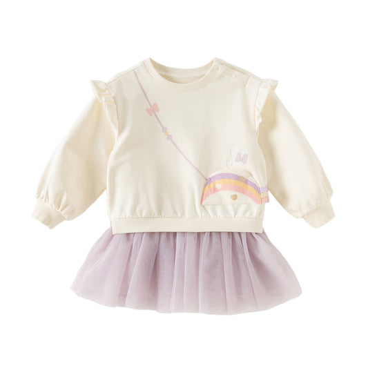 Dave&Bella Toddler Girls Sweet Beige Long Sleeve Fake-two-piece Sweatshirt Mesh Dress