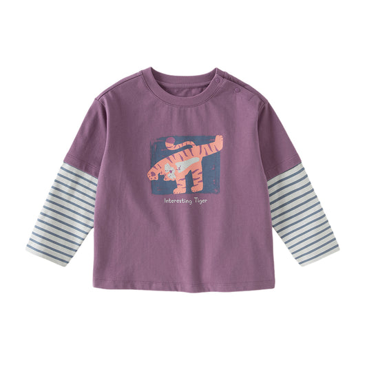 Dave&Bella Toddler Boys Purple/Beige Long Sleeve Breathable Cotton T-shirt Tops