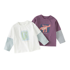 Dave&Bella Toddler Boys Purple/Beige Long Sleeve Breathable Cotton T-shirt Tops