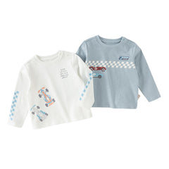 Dave&Bella Toddler Boys Blue/White Classic Round Collar Long Sleeve Cotton T-shirts