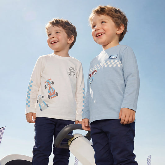 Dave&Bella Toddler Boys Blue/White Classic Round Collar Long Sleeve Cotton T-shirts