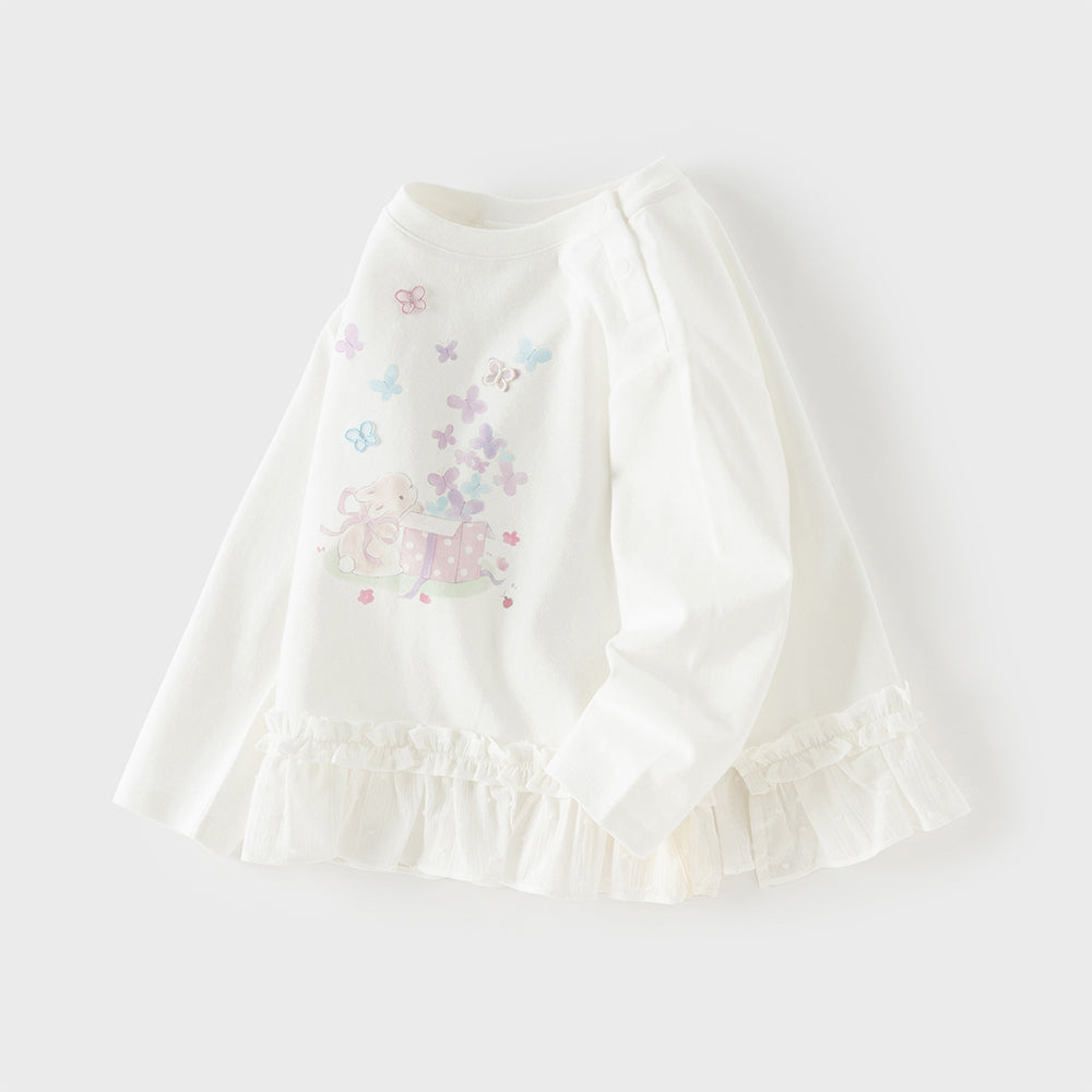 Dave&Bella Toddler Girls Cute White Round Collar Long Sleeve Cotton T-shirt Tops
