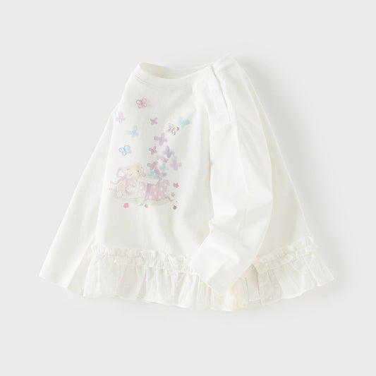 Dave&Bella Toddler Girls Cute White Round Collar Long Sleeve Cotton T-shirt Tops