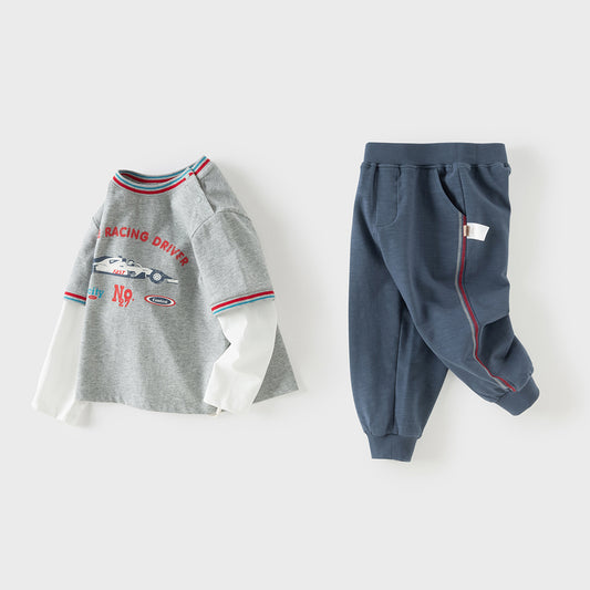 Dave&Bella Toddler Boys Grey Playful Print T-shirt Pant Suits