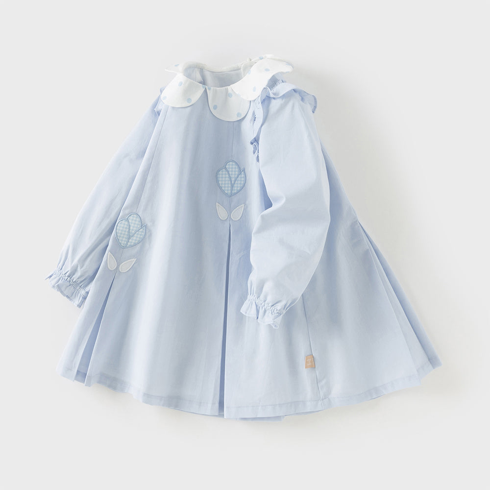 Dave&Bella Toddler Girls Blue Long Sleeve Lightweight Cotton Casual A-line Dress