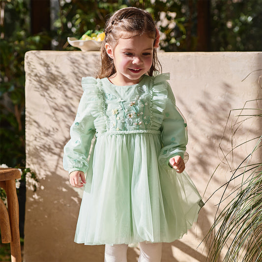 Dave&Bella Toddler Girls Grey Green Adorable Flower Embroidery Princess Mesh Dress