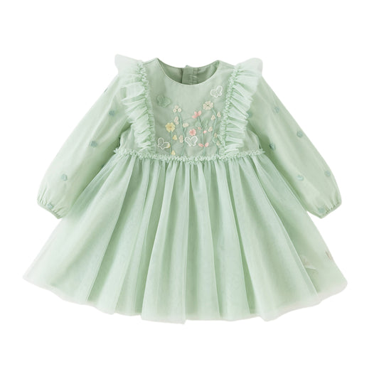 Dave&Bella Toddler Girls Grey Green Adorable Flower Embroidery Princess Mesh Dress