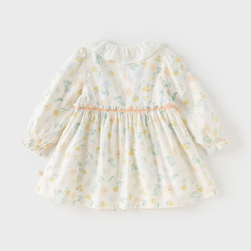 Dave&Bella Toddler Girls Sweet Floral Print Beige Breathable Cotton A-line Dress
