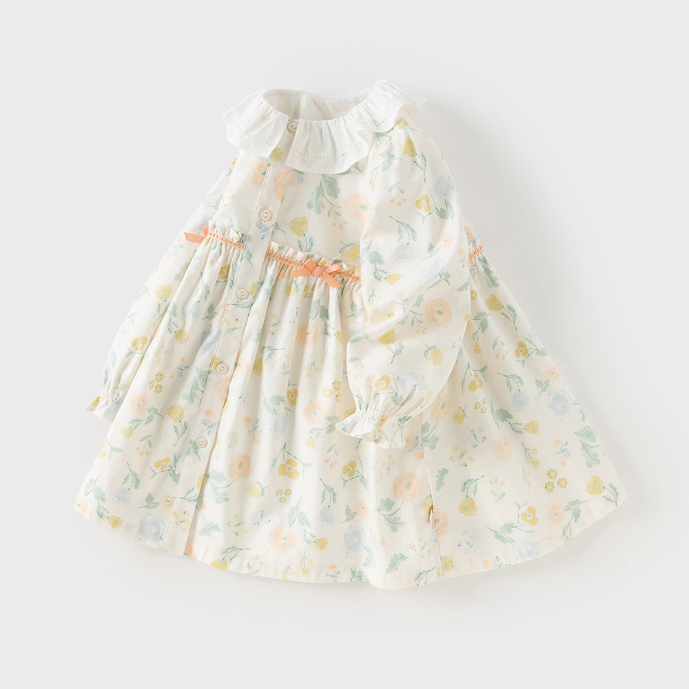 Dave&Bella Toddler Girls Sweet Floral Print Beige Breathable Cotton A-line Dress