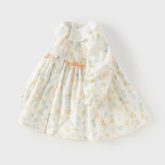 Dave&Bella Toddler Girls Sweet Floral Print Beige Breathable Cotton A-line Dress