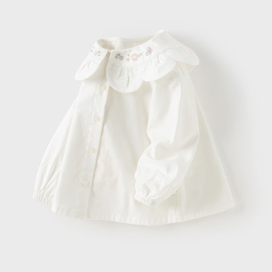 Dave&Bella Toddler Girls Cute Pink/Beige Flower Embroidery Cotton Breathable Shirt Tops