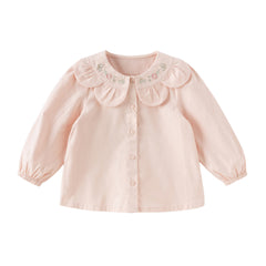 Dave&Bella Toddler Girls Cute Pink/Beige Flower Embroidery Cotton Breathable Shirt Tops