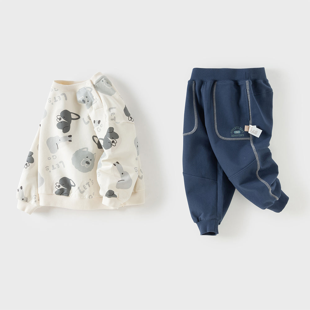 Dave&Bella Toddler Boys Beige Puppy Print Long Sleeve Casual Sweatshirt Pant Suits