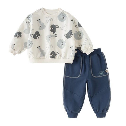 Dave&Bella Toddler Boys Beige Puppy Print Long Sleeve Casual Sweatshirt Pant Suits