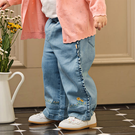 Dave&Bella Toddler Girls Casual Denim Blue Wide Straight-leg Jeans