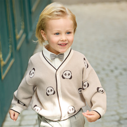 Dave&Bella Toddler Boys Cute Panda Print Khaki Cotton Soft Sweater Cardigans