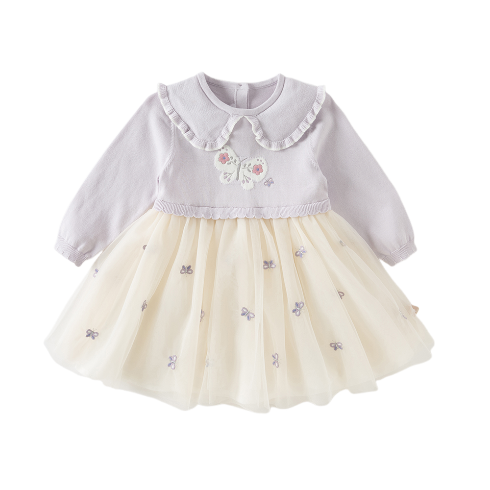 Dave&Bella Toddler Girls Purple Doll Collar Butterfly Embroidery A-line Mesh Party Dress