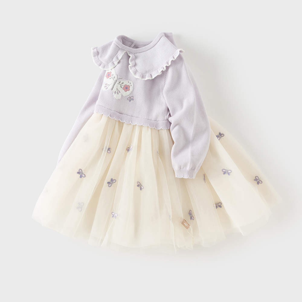 Dave&Bella Toddler Girls Purple Doll Collar Butterfly Embroidery A-line Mesh Party Dress
