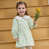 Dave&Bella Toddler Girls Green Floral Print Long Sleeve Comfortable A-line Dress