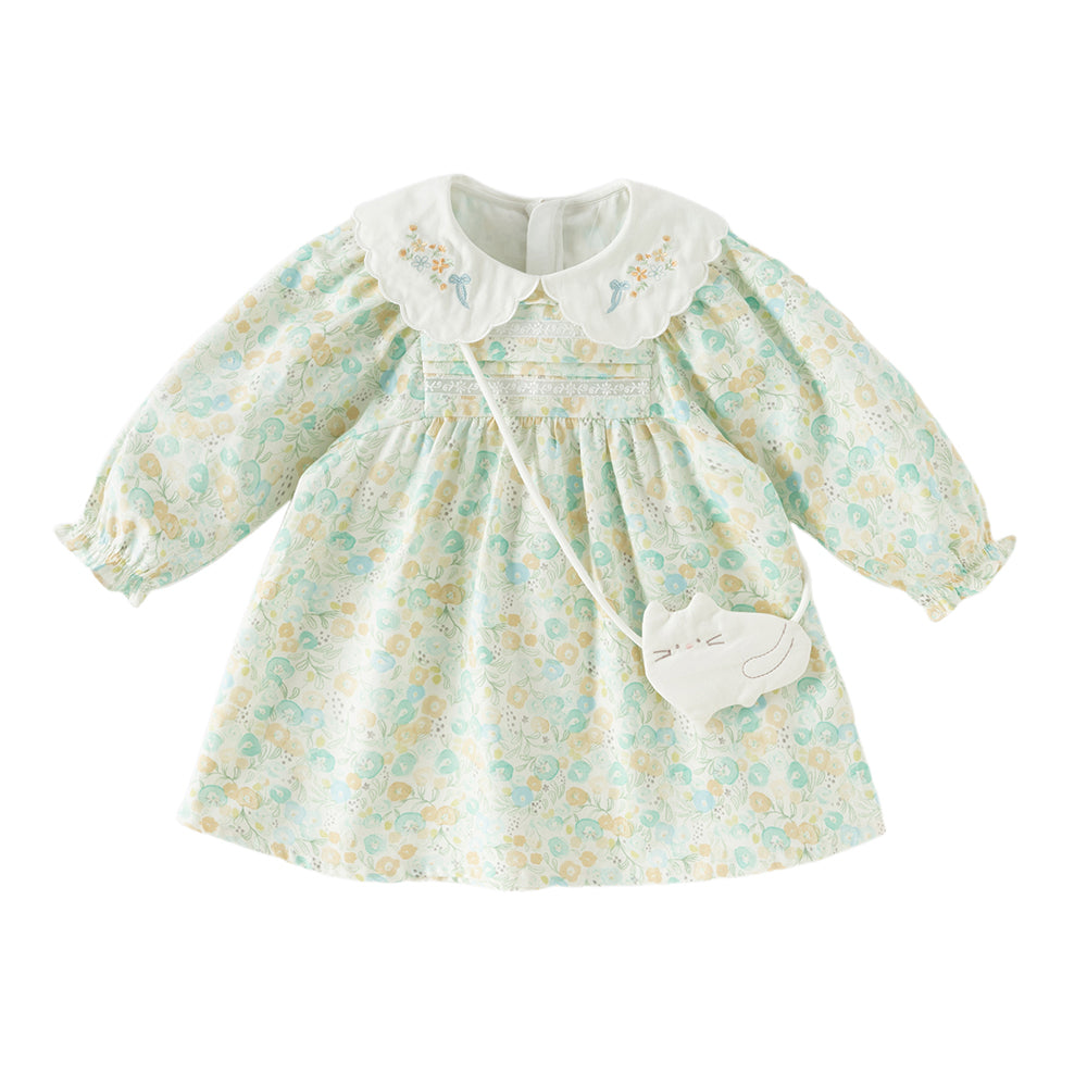 Dave&Bella Toddler Girls Green Floral Print Long Sleeve Comfortable A-line Dress