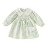 Dave&Bella Toddler Girls Green Floral Print Long Sleeve Comfortable A-line Dress