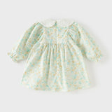 Dave&Bella Toddler Girls Green Floral Print Long Sleeve Comfortable A-line Dress