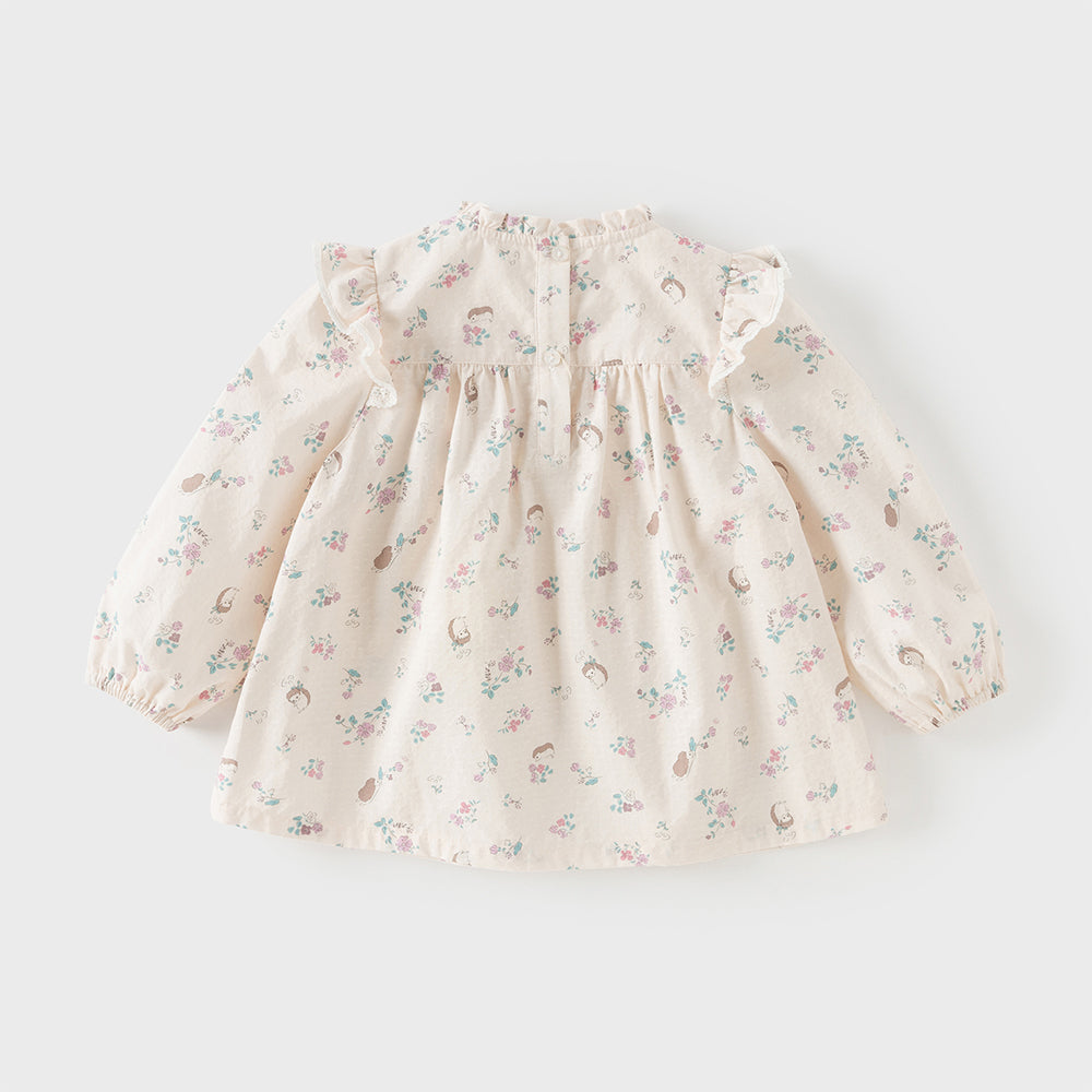 Dave&Bella Toddler Girls Playful Hedgehog Print Beige Breathable Cotton Shirt Tops