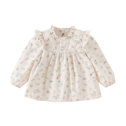 Dave&Bella Toddler Girls Playful Hedgehog Print Beige Breathable Cotton Shirt Tops