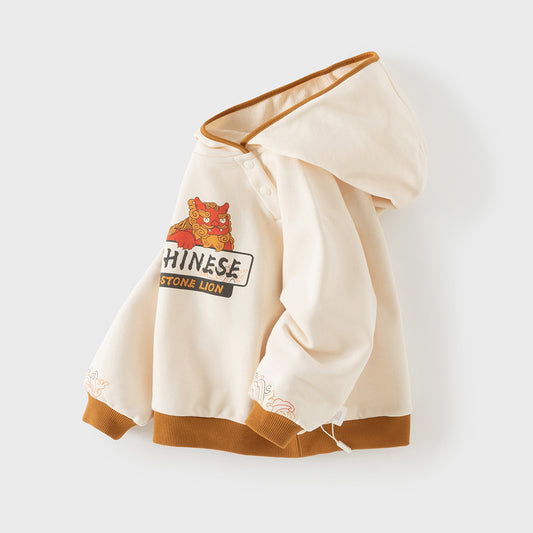 Dave&Bella Toddler Boys Chinese-style Beige Long Sleeve Hooded Sweatshirts