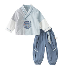 Dave&Bella Toddler Boys Casual Blue Chinese-style V-collar Top Pant Suits