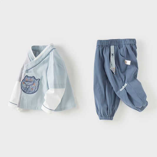 Dave&Bella Toddler Boys Casual Blue Chinese-style V-collar Top Pant Suits