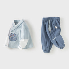 Dave&Bella Toddler Boys Casual Blue Chinese-style V-collar Top Pant Suits