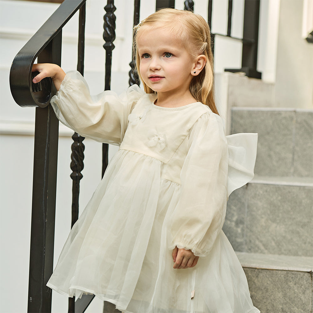 Dave&Bella Toddler Girls Cute Beige Long sleeve Adorable A-line Mesh Dress
