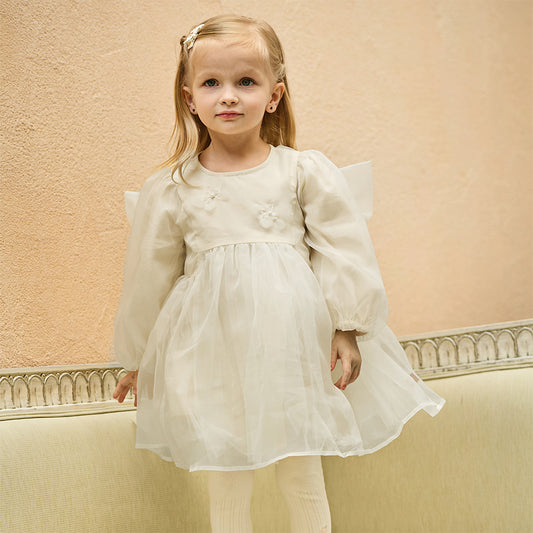Dave&Bella Toddler Girls Cute Beige Long sleeve Adorable A-line Mesh Dress