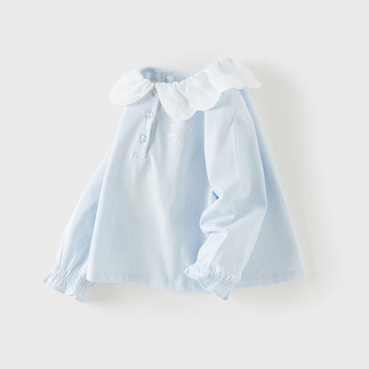 Dave&Bella Toddler Girls Sky Blue Long Sleeve Soft Cotton T-shirt Tops